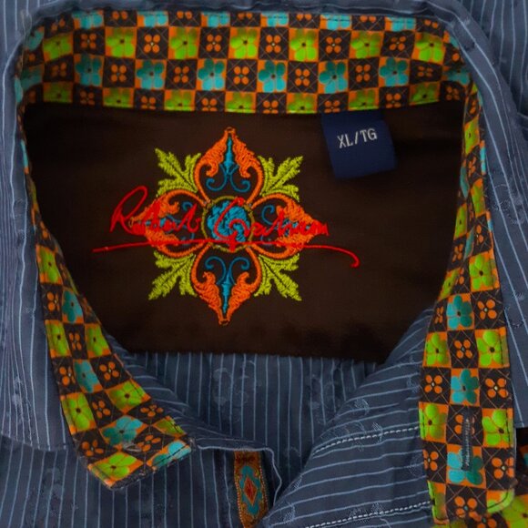 Robert Graham Blue Button Down Shirt Long Sleeve Striped Silk Print Size XL - Picture 9 of 9